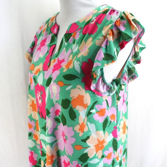 Dear Scarlett Lizzy Flutter Sleeve Top Womens Sz L Multi Color Floral Split Neck - Picture 4 of 7